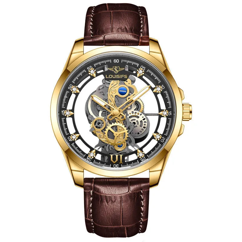 Men's double-sided hollow quartz watch with gold or silver case and brown or black leather belt, 12mm thickness.