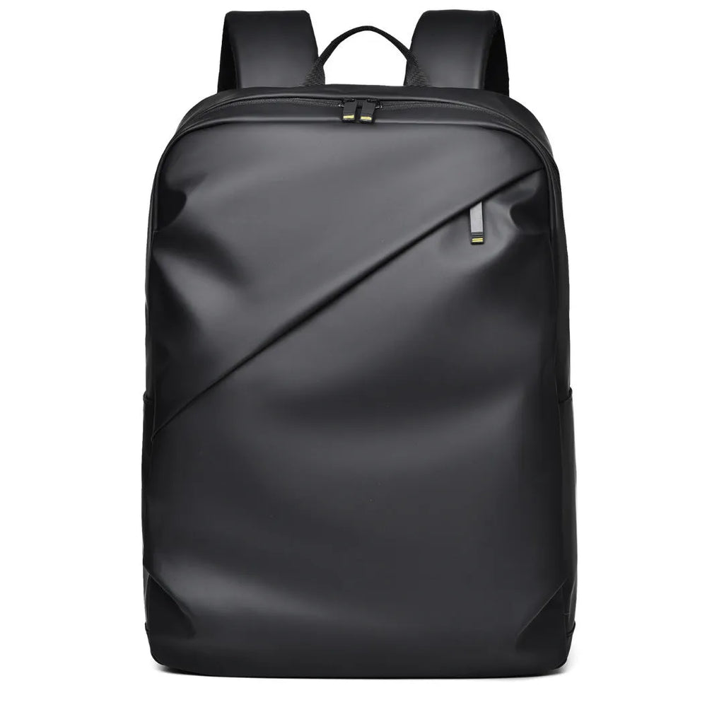Waterproof PU leather backpack in black with contrast stitching and large capacity design