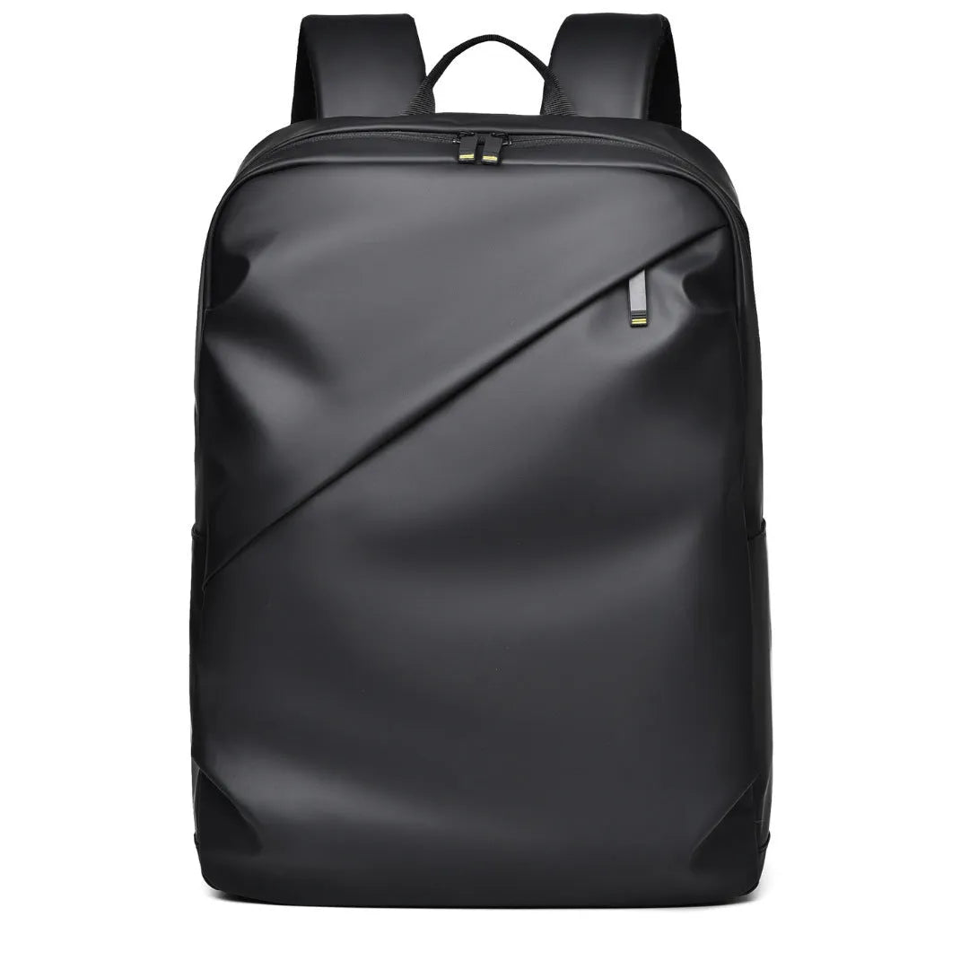 Waterproof PU leather backpack in black with contrast stitching and large capacity design