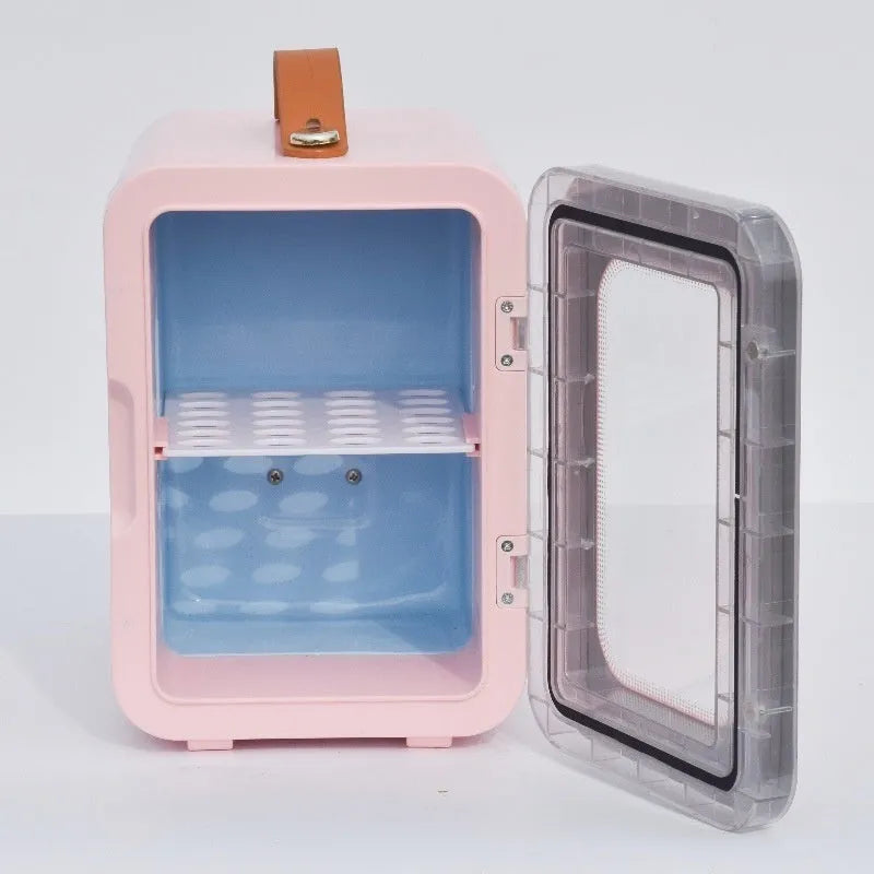 Pink mini refrigerator with transparent door showing 6L capacity for car and home cooling and heating