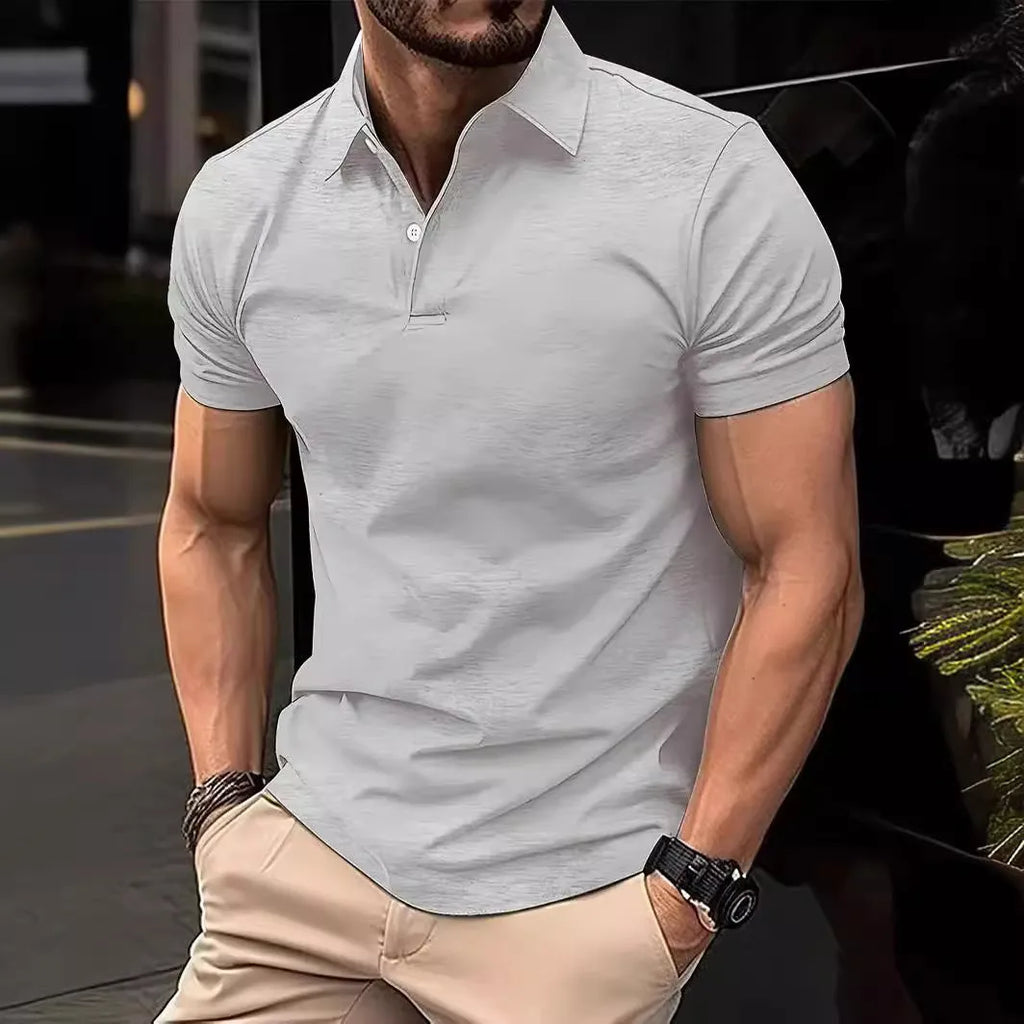 Men's slim fit solid colour short sleeve button-down shirt on a hanger.