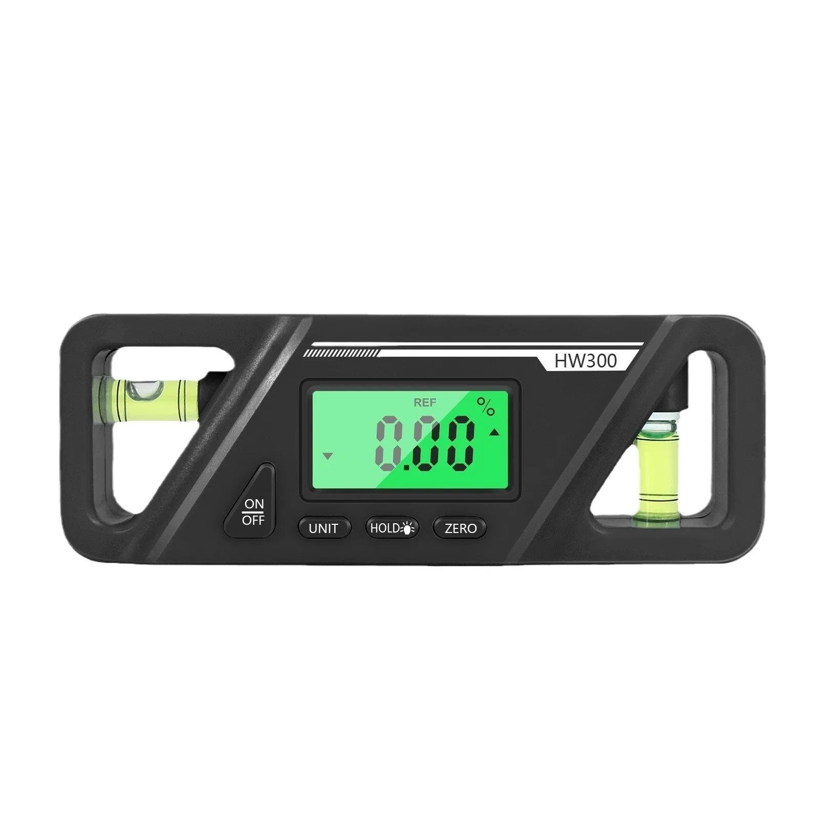 Black digital inclinometer level meter with magnetic base and LCD screen showing angle reading.