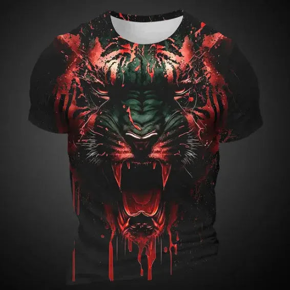 Men's grey T-shirt featuring a large, realistic 3D digital print of a tiger's face on the front.