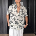 Men's loose fit floral printed short sleeve casual shirt in white or black