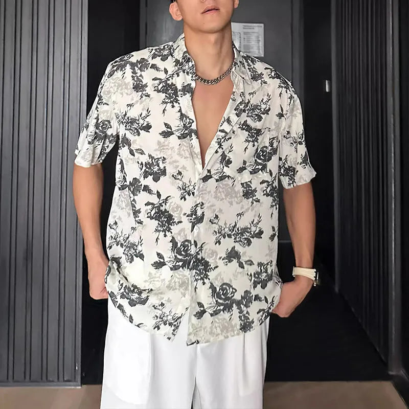 Men's loose fit floral printed short sleeve casual shirt in white or black