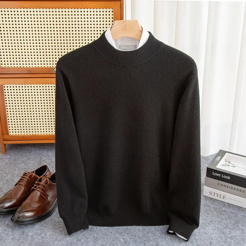 Men's chunky knit half-turtleneck wool sweater in camel colour with cable stitch detail.