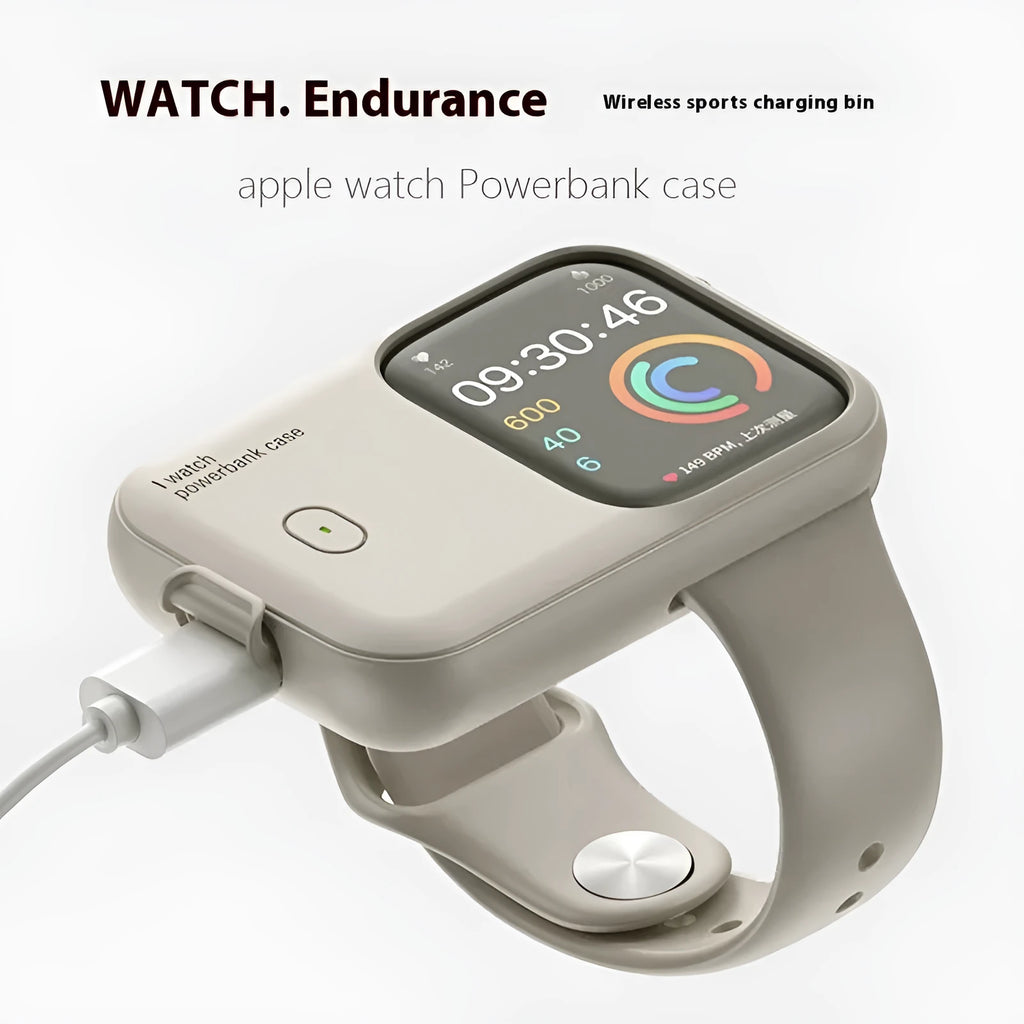Apple Watch portable charging case with silicone protective cover in brown, midnight blue, or starlight colours