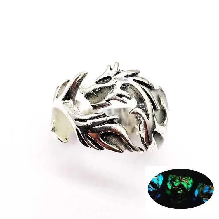 Adjustable Chinese dragon ring in antique silver blue and green colour with luminous pattern