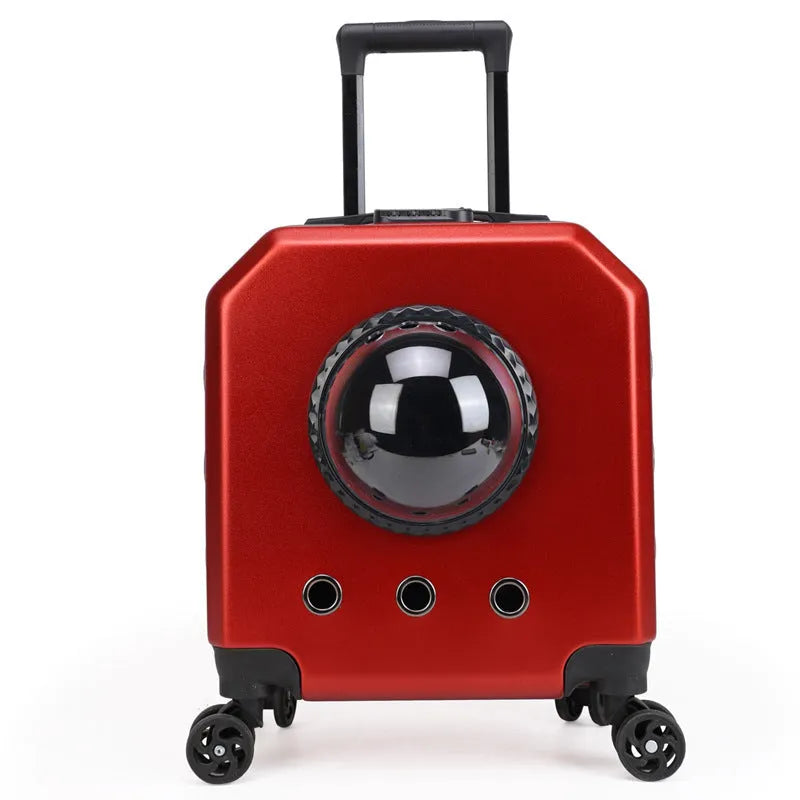 PVC hard shell pet flight case in orange colour with trolley wheels and luggage compartment