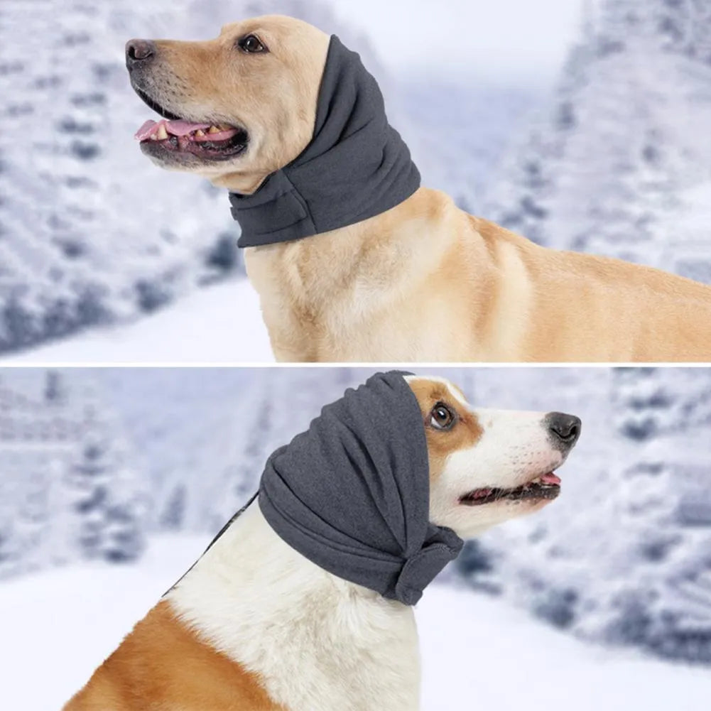 Dog wearing noise reduction hoodie with ear covers in black colour