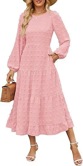 Long sleeve casual dress with ruffle sleeves and high waist in solid colour.