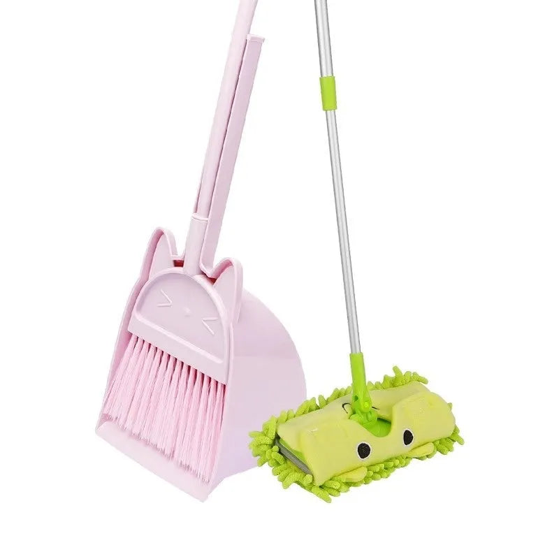 Purple broom and dustpan set with rotating brush holder on white background