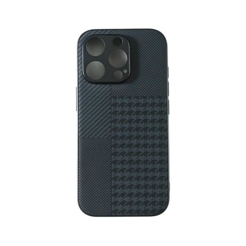 Black imitation leather iPhone case with shockproof and fingerprint-proof features, available in four pattern designs.