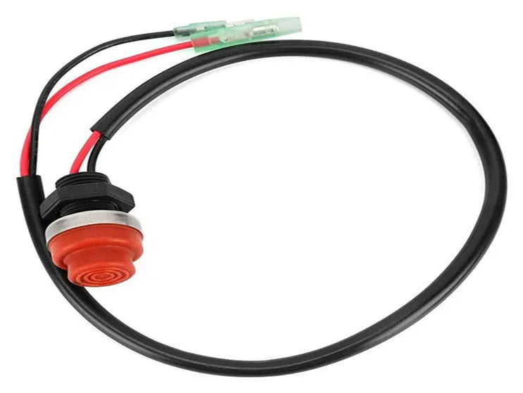 YAMAHA outboard motor kill switch with red plastic body and coiled safety lanyard.