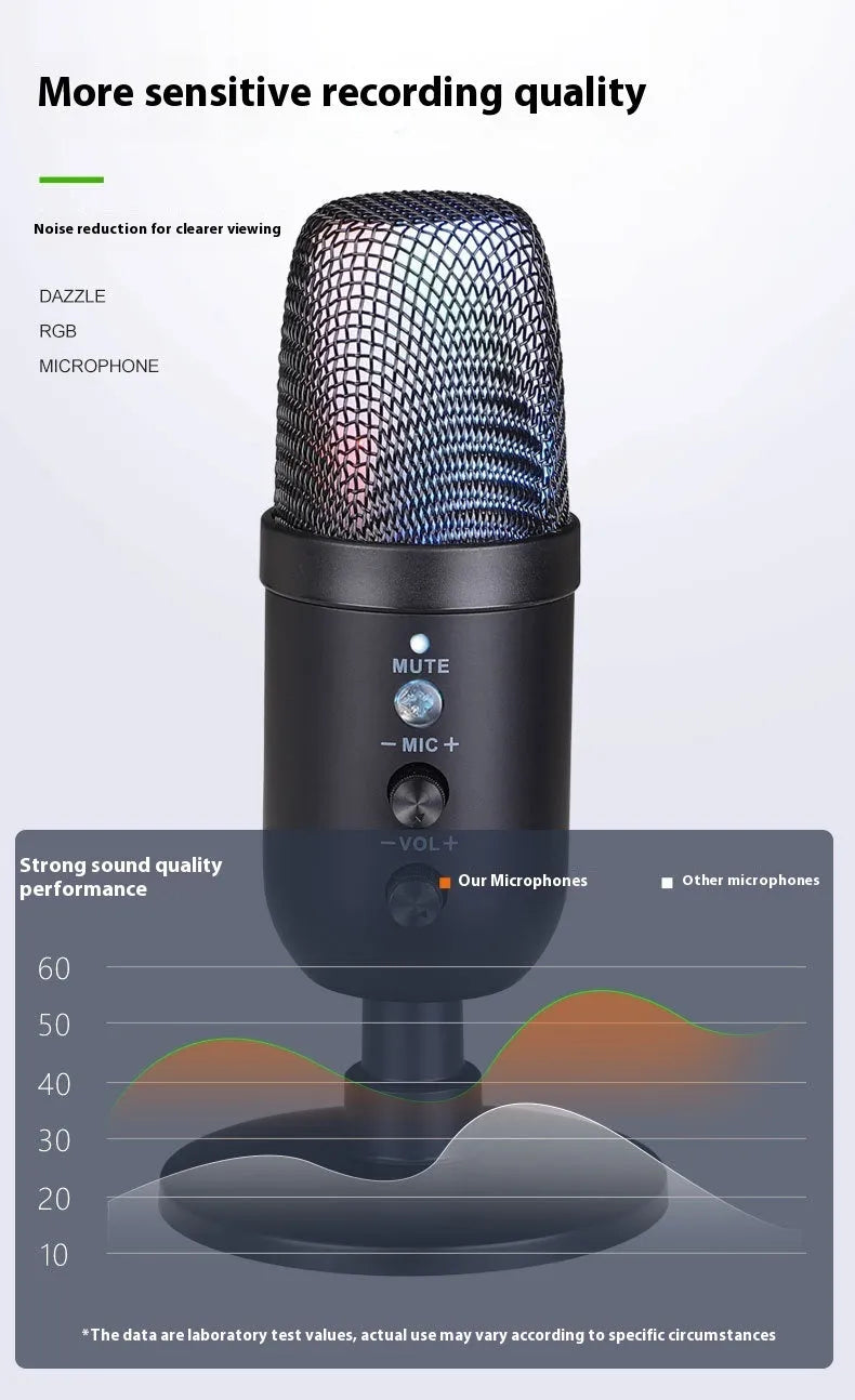 Black USB desktop microphone with RGB lighting for streaming and gaming.