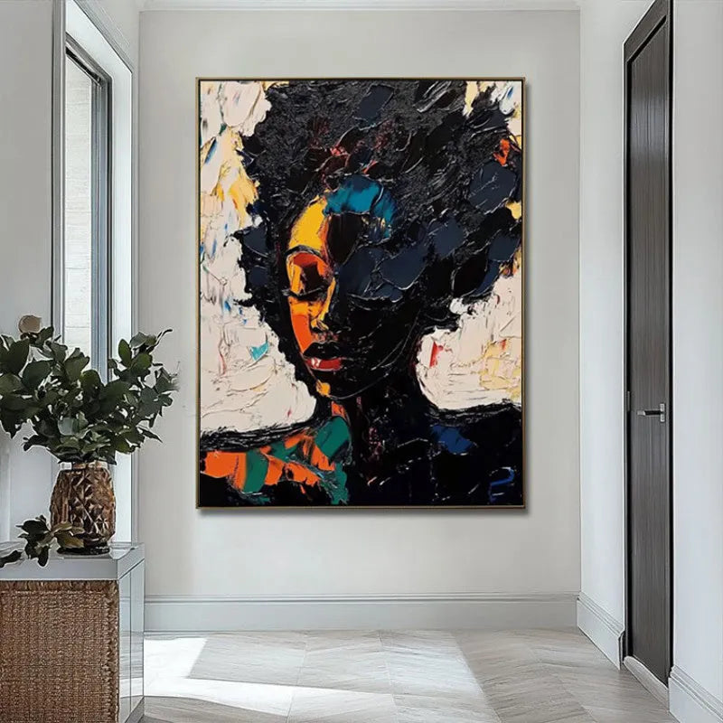 Hand-painted oil painting on canvas of an African woman in abstract graffiti street art style, vertical one-panel wall art.