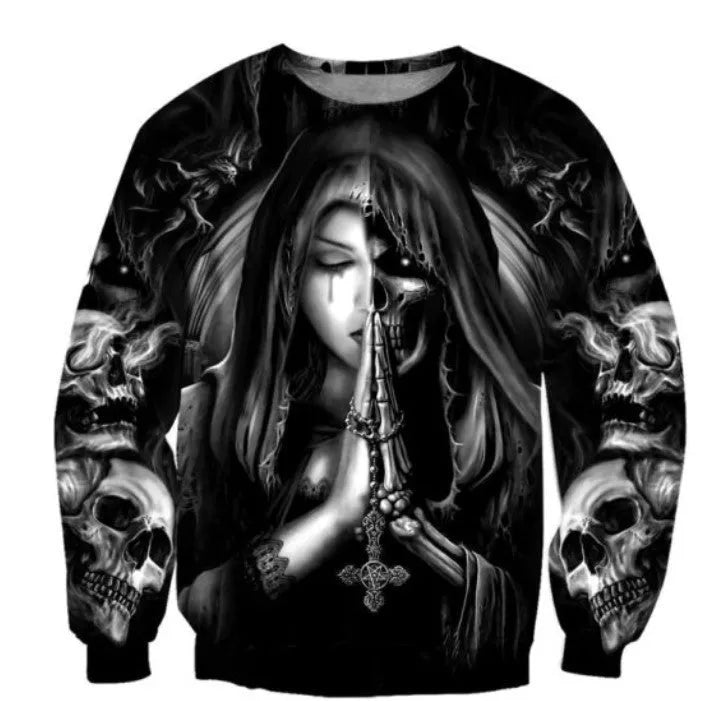 Black hooded sweatshirt with white 3D anime skull print on front, long sleeves, and drawstring hood