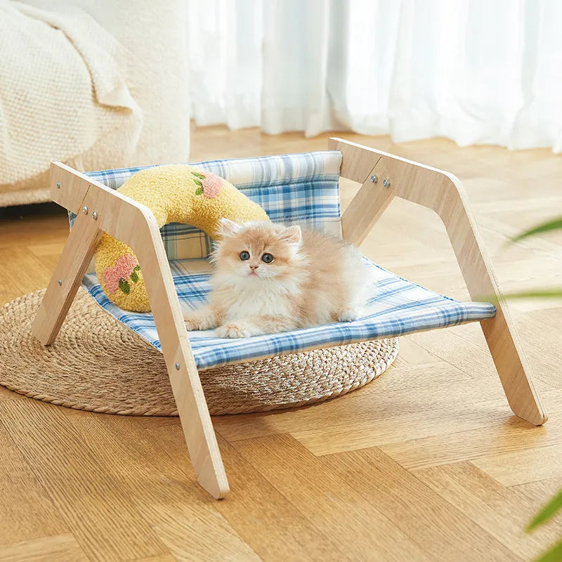 Wooden frame elevated cat hammock bed with soft cloth pad in blue colour