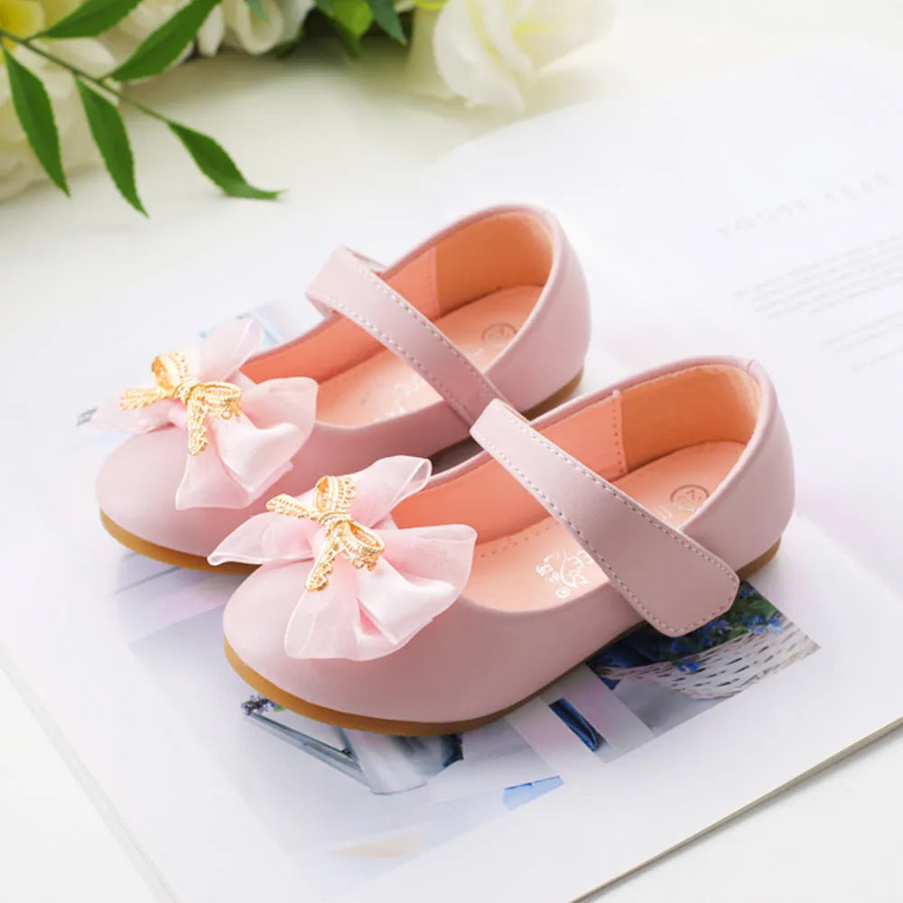 Bowknot PU leather children's shoes with Velcro closure and beef tendon sole, available in pink, beige, gray, and black, sizes 19-35.