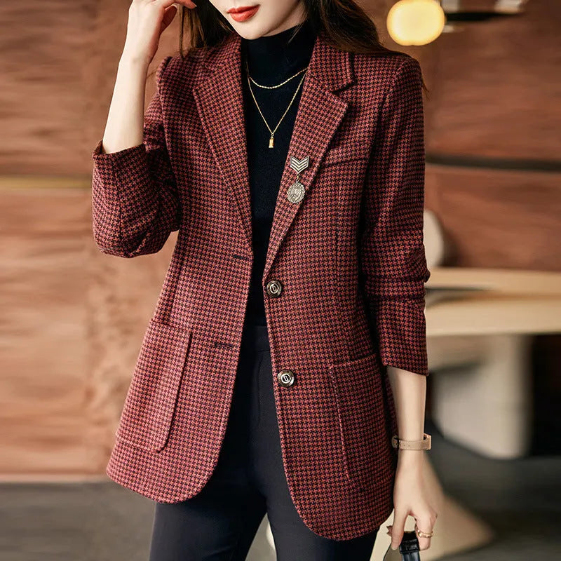 Women's Korean style long sleeve suit top with pocket in grey, green or red, sizes S to XXXL