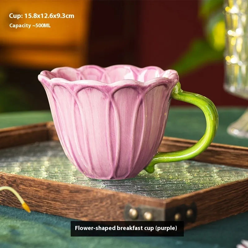 500ml floral ceramic breakfast cup in red or purple pastoral design