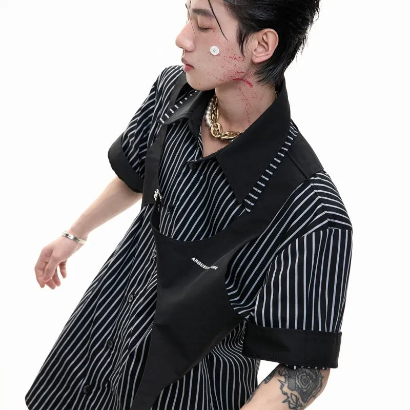 Men's black and white striped cotton shirt with double collar design, short sleeves