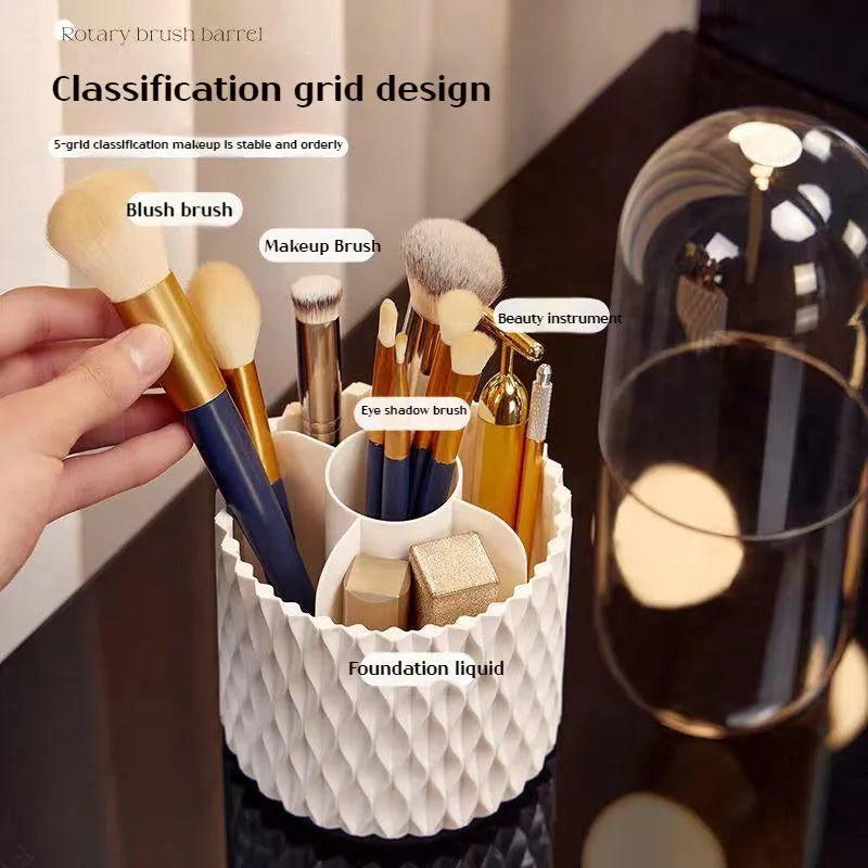 White acrylic rotating makeup brush storage holder with transparent lid and split compartments