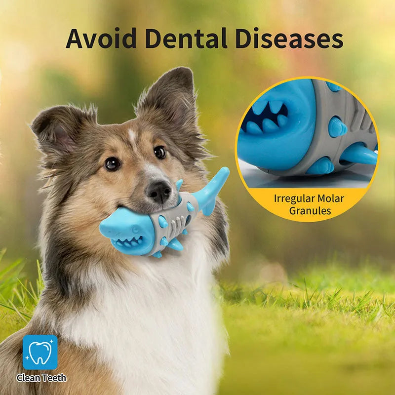 Blue, grey, and yellow shark-tooth shaped dog teething toy with textured surface