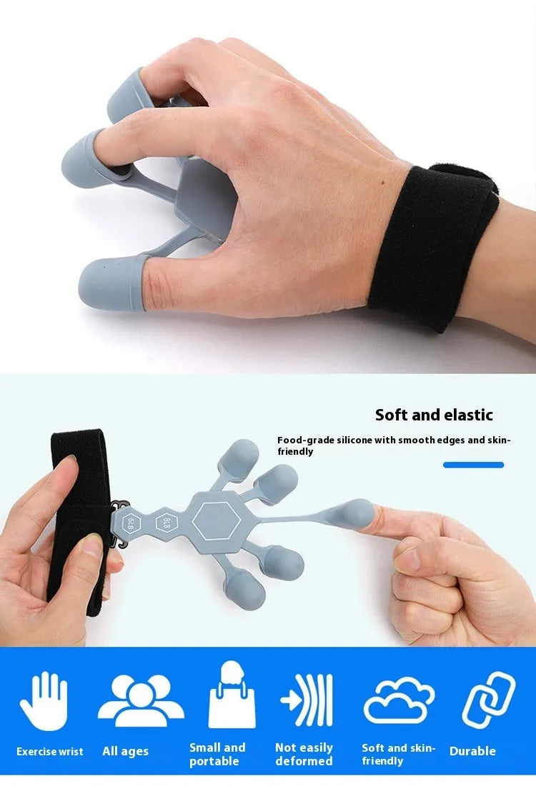 Men's silicone five-finger hand trainer in black or grey for adult grip and rehabilitation training