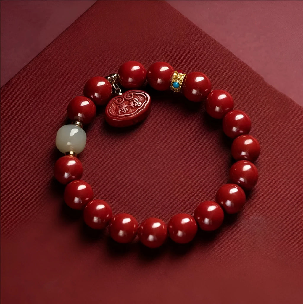 Natural cinnabar Emperor Sandstone Ping An Fu Lu bracelet in 8mm and 10mm bead sizes