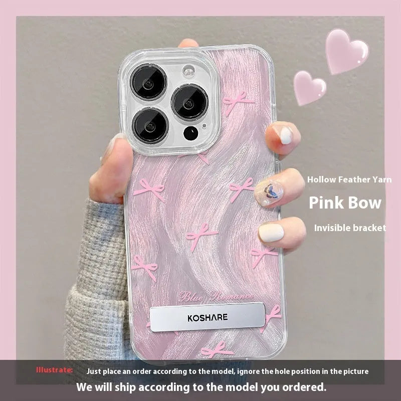 iPhone 15 and 16 PC phone case with smudging star bow bracket, Silver Bow or Silver Pink Butterfly