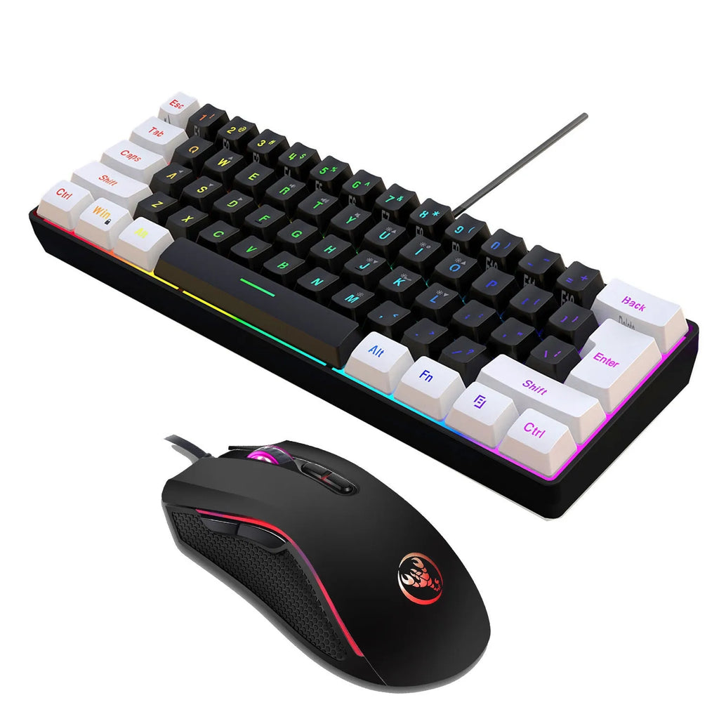 White and black V700WB A869 gaming keyboard and mouse combo with colour backlighting on a desk.