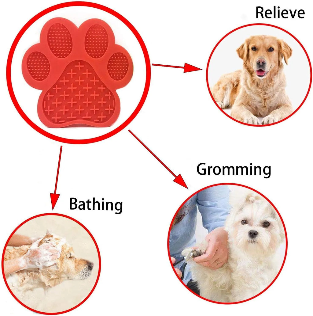 Blue silicone dog licking mat with bone texture and suction cups on a white tile background.