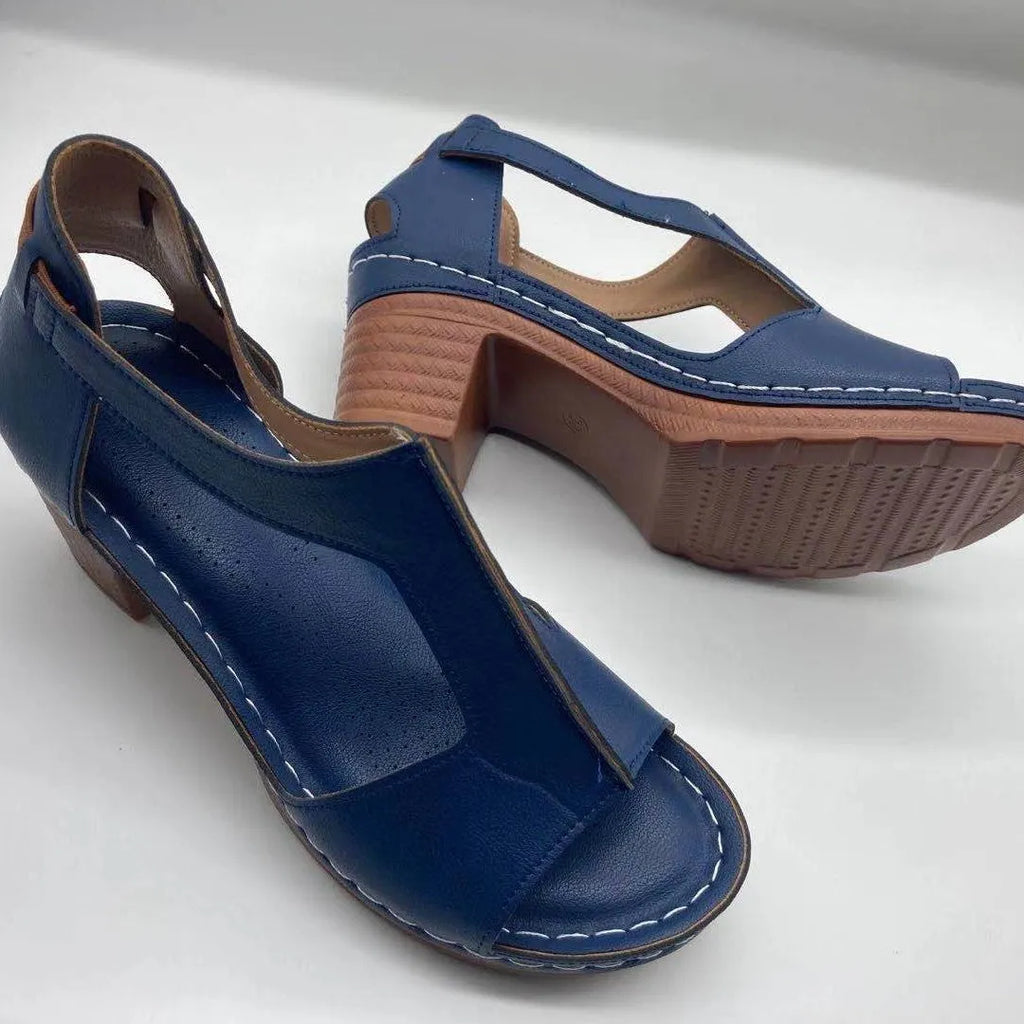 Plus size women's wedge sandals with peep toe open design and Roman style buckle in multiple colour options