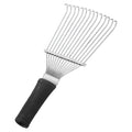 Stainless steel pet grooming brush with curved metal teeth measuring 33 cm