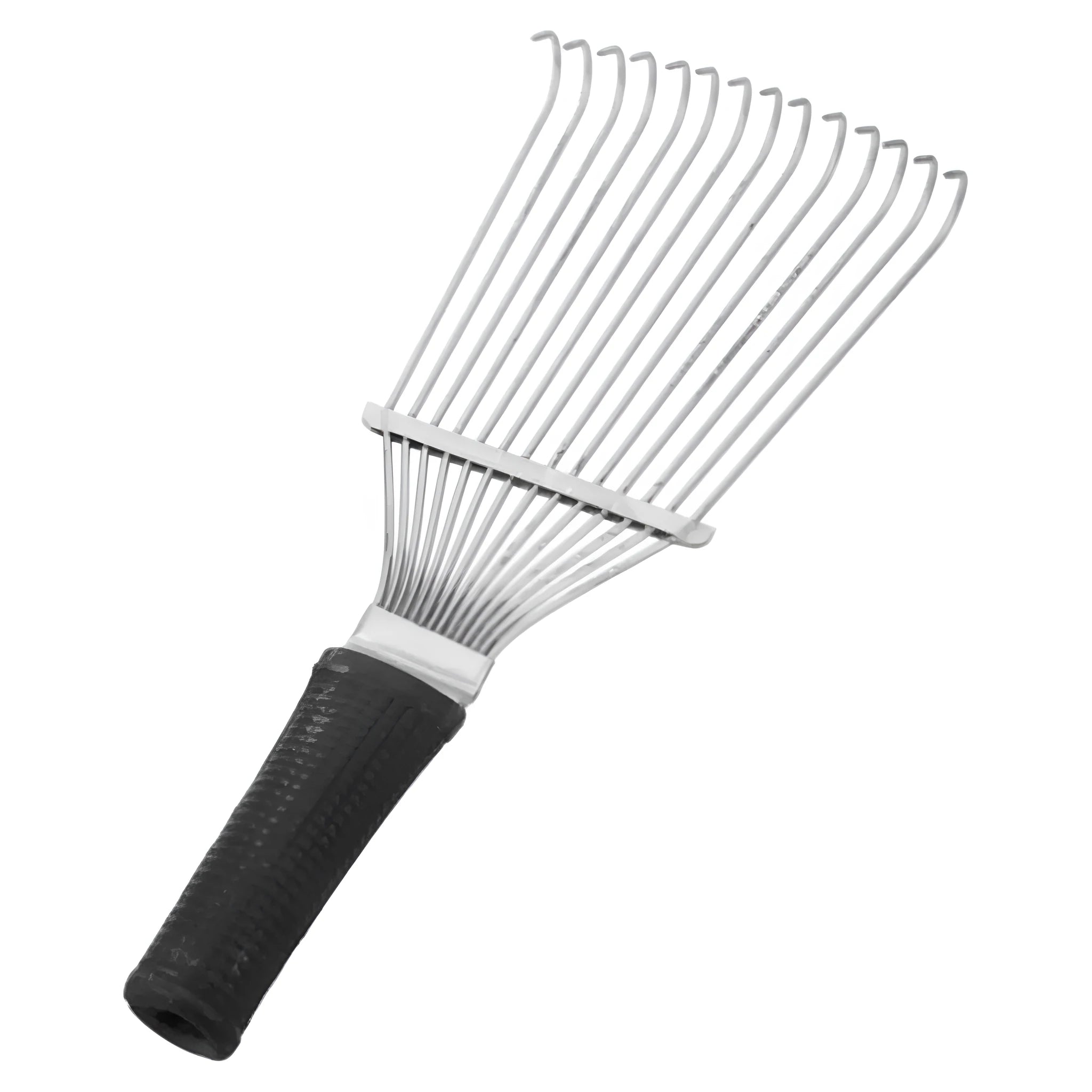 Stainless steel pet grooming brush with curved metal teeth measuring 33 cm