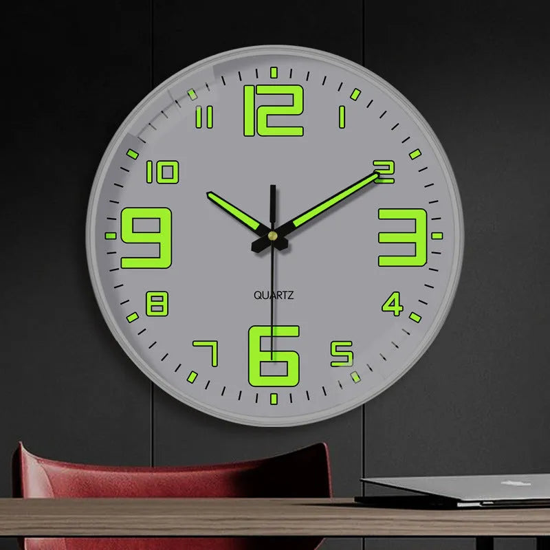 Modern 8-inch luminous wall clock with 20cm diameter and plastic case.