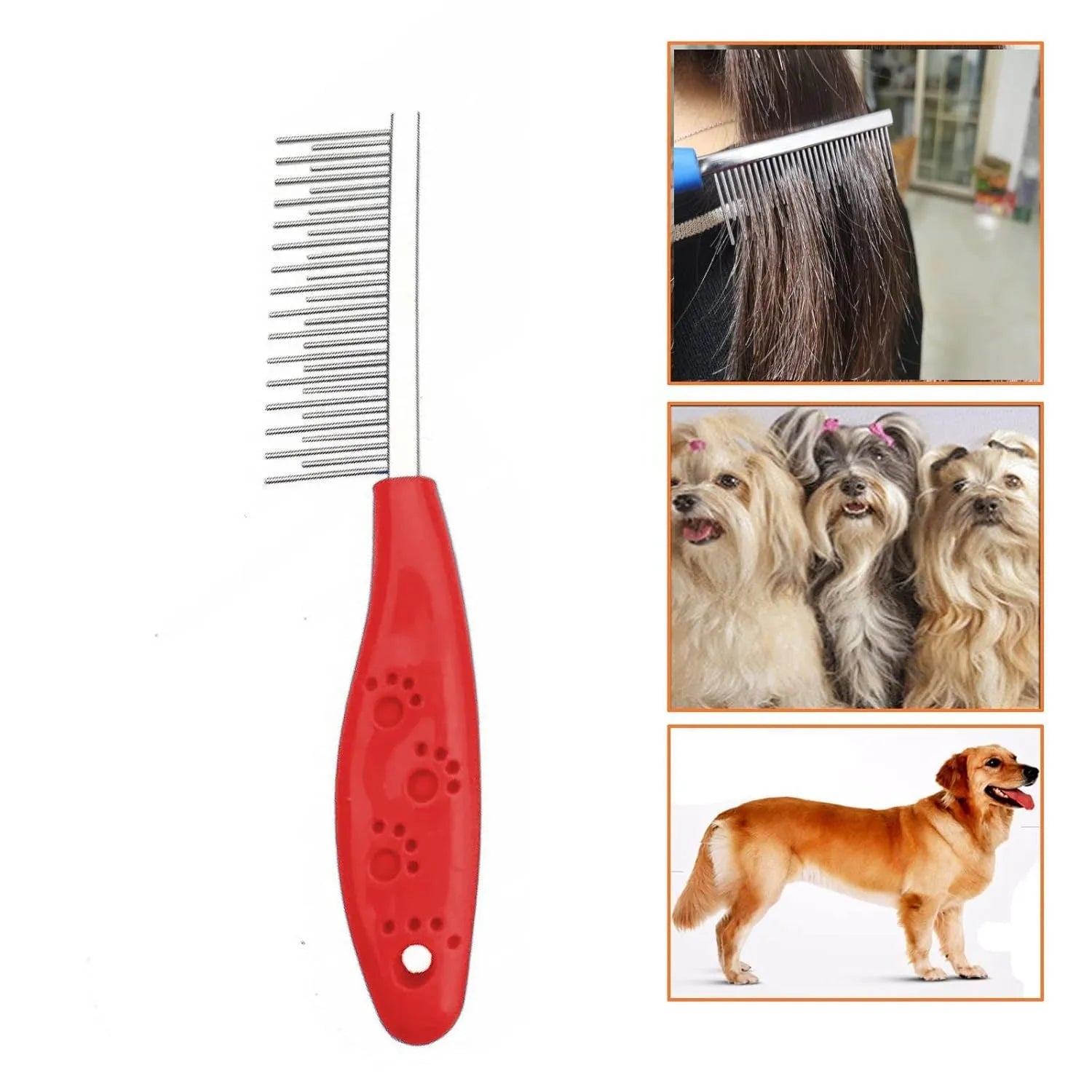 Red pet grooming comb with short and long stainless steel teeth and a plastic handle.