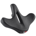 Black leather bicycle saddle cushion with polyurethane foam padding shown on a bicycle seat
