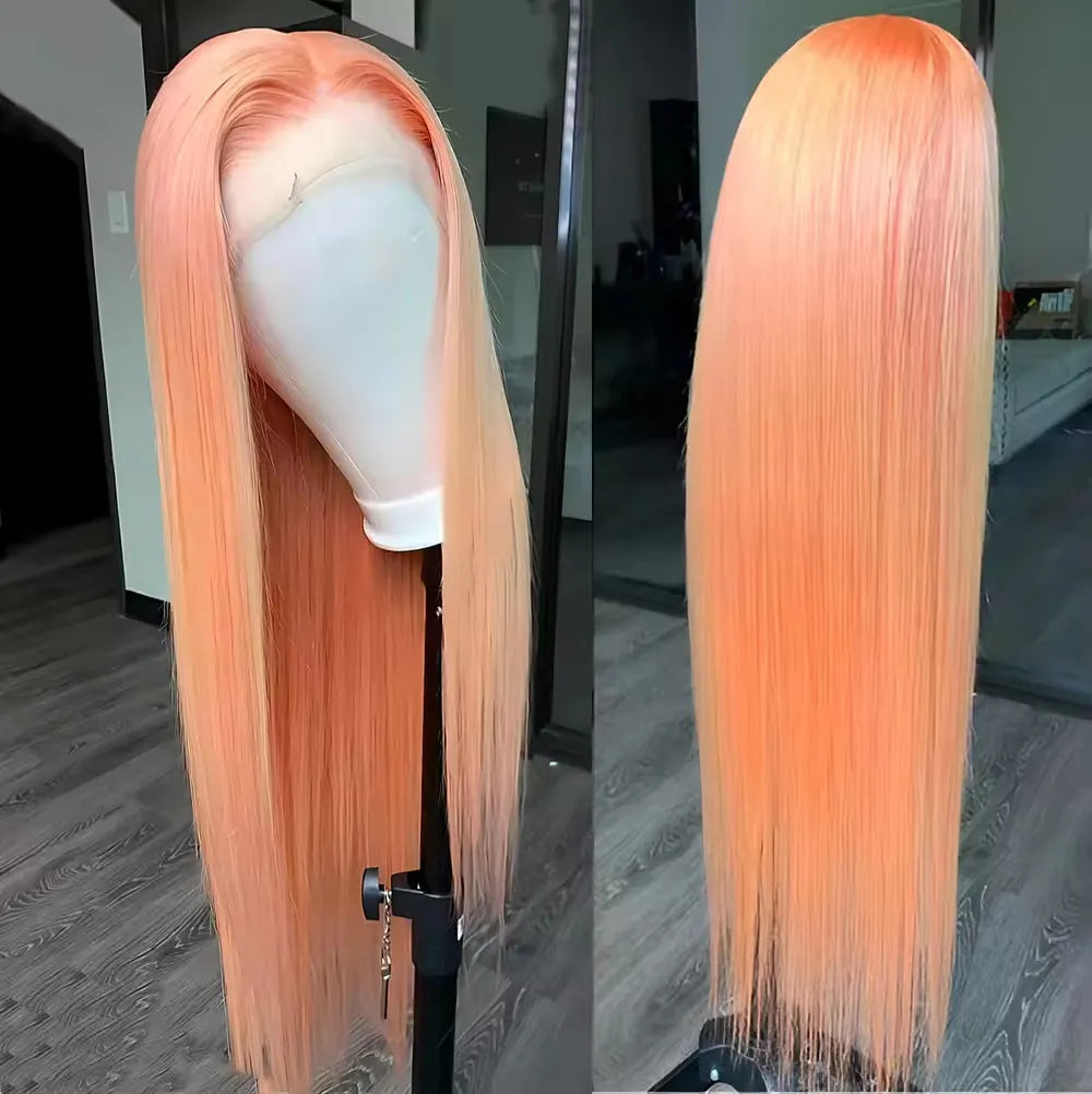 Light orange long straight synthetic wig with front lace and side bangs on a display head