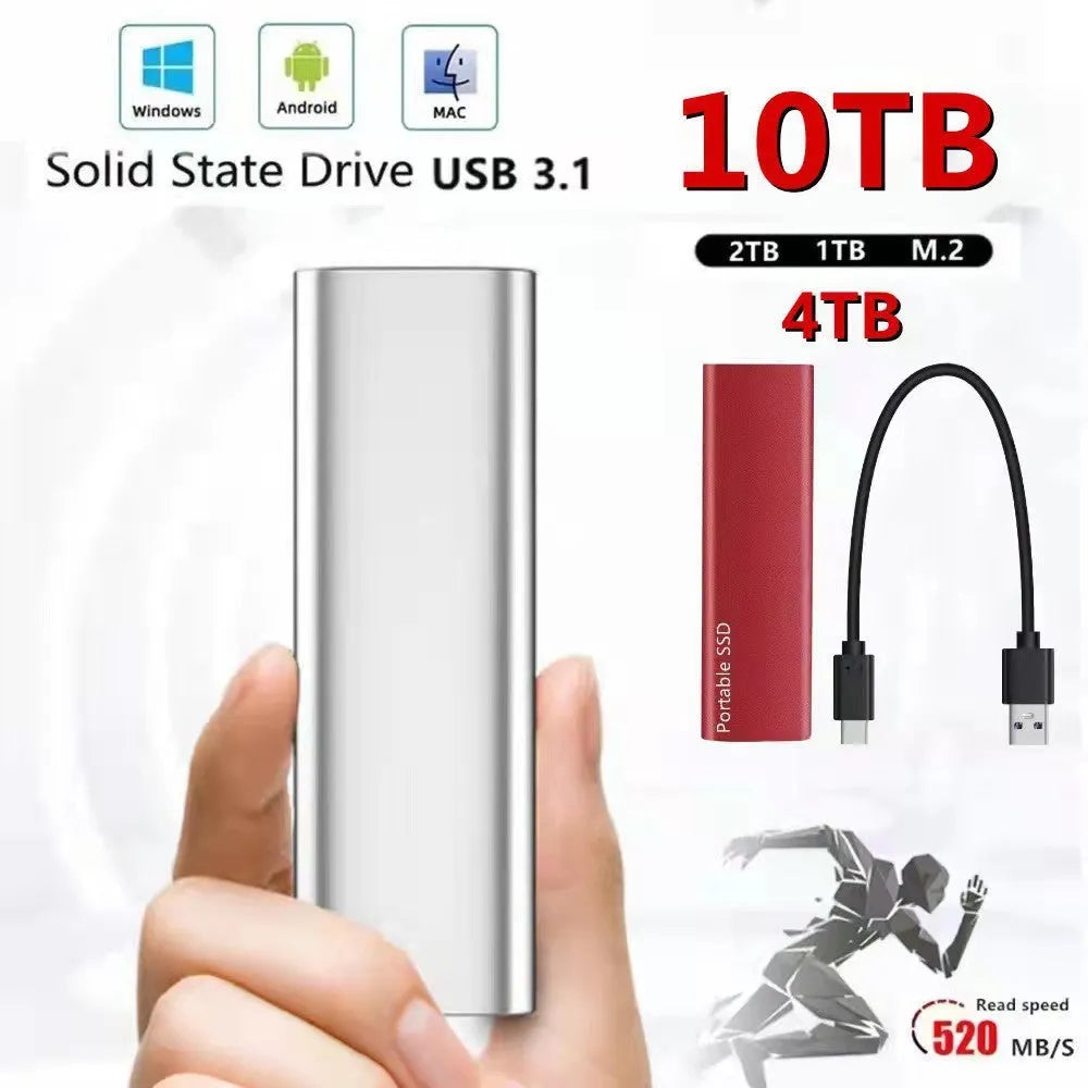 Ultra-thin metal external SSD portable hard drive in red, showing high-capacity storage for data transfer.