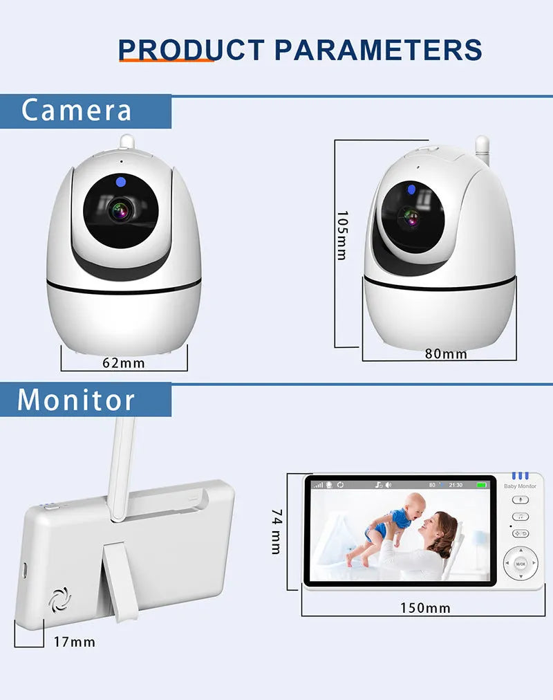 White HD wireless baby monitor with 5-inch screen showing room temperature display