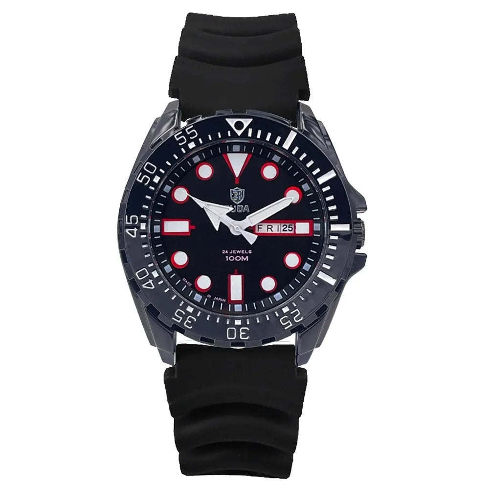 Men's silver waterproof quartz watch with luminous blue dial and steel bracelet on wrist