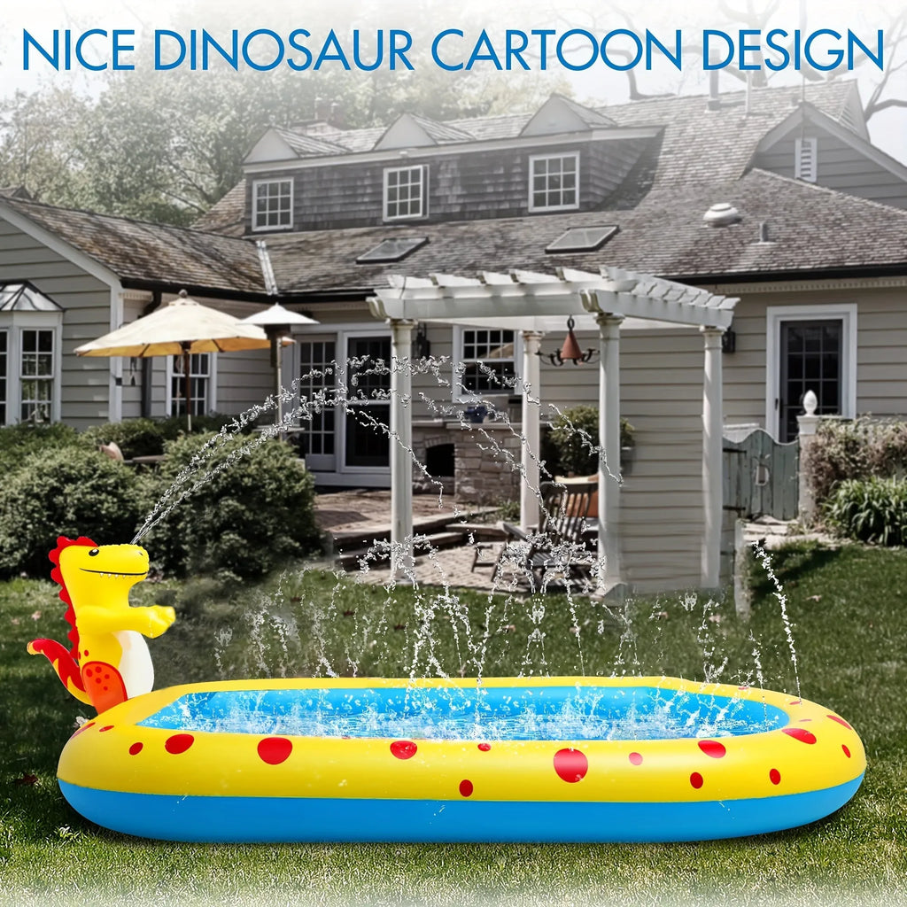 Blue dinosaur water spray play mat with inflatable shark pool for children's outdoor water games