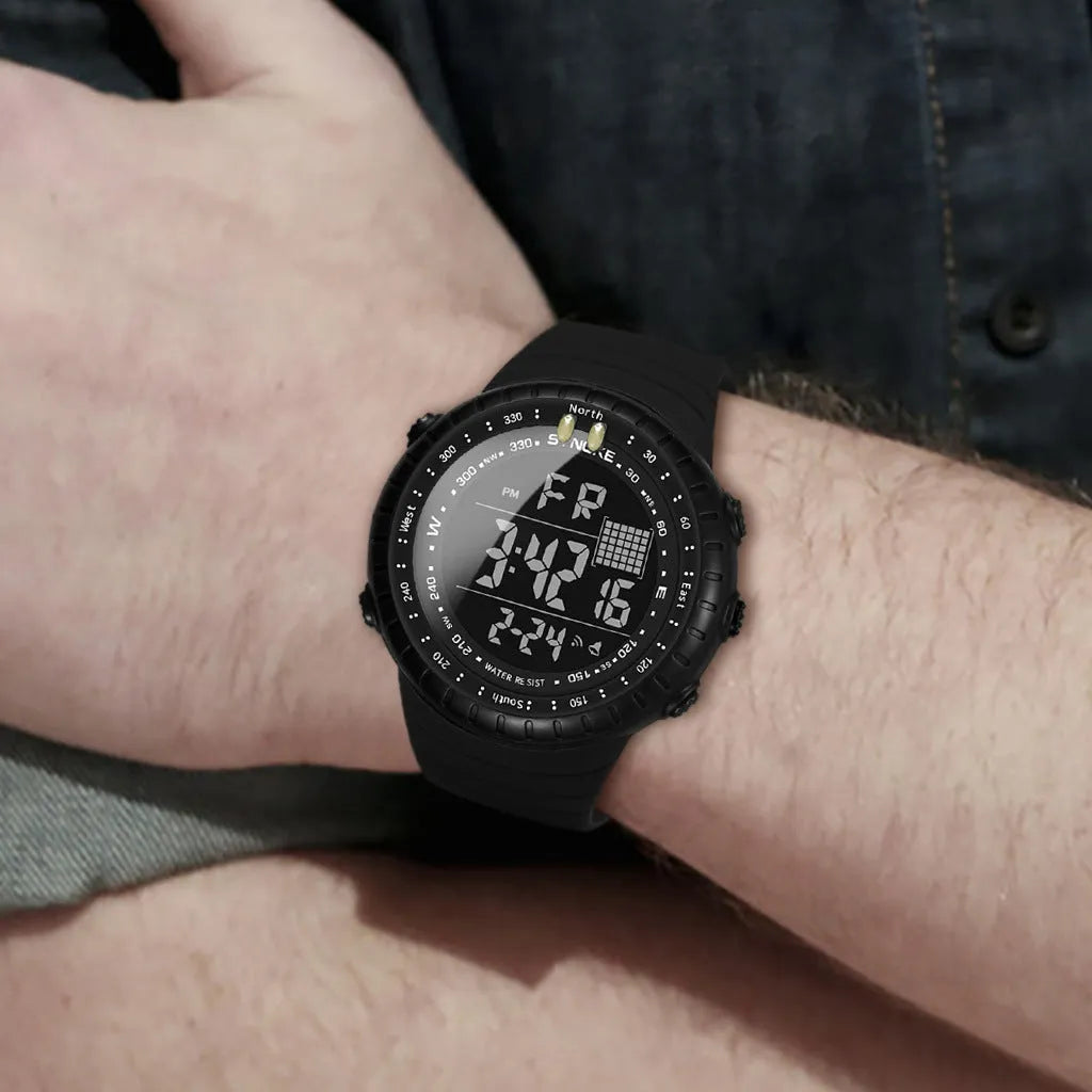 Black men's outdoor digital watch with large 54.74mm dial and WR50M waterproof rating