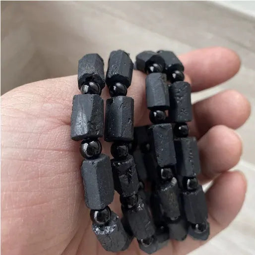 Natural black tourmaline rough stone bracelet with 10mm diameter adjustable unisex design
