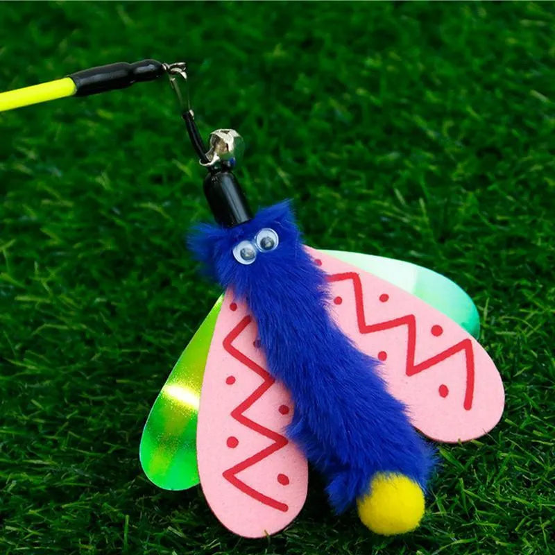 Cat wand toy with dragonfly attachment and bell for interactive indoor play with cats