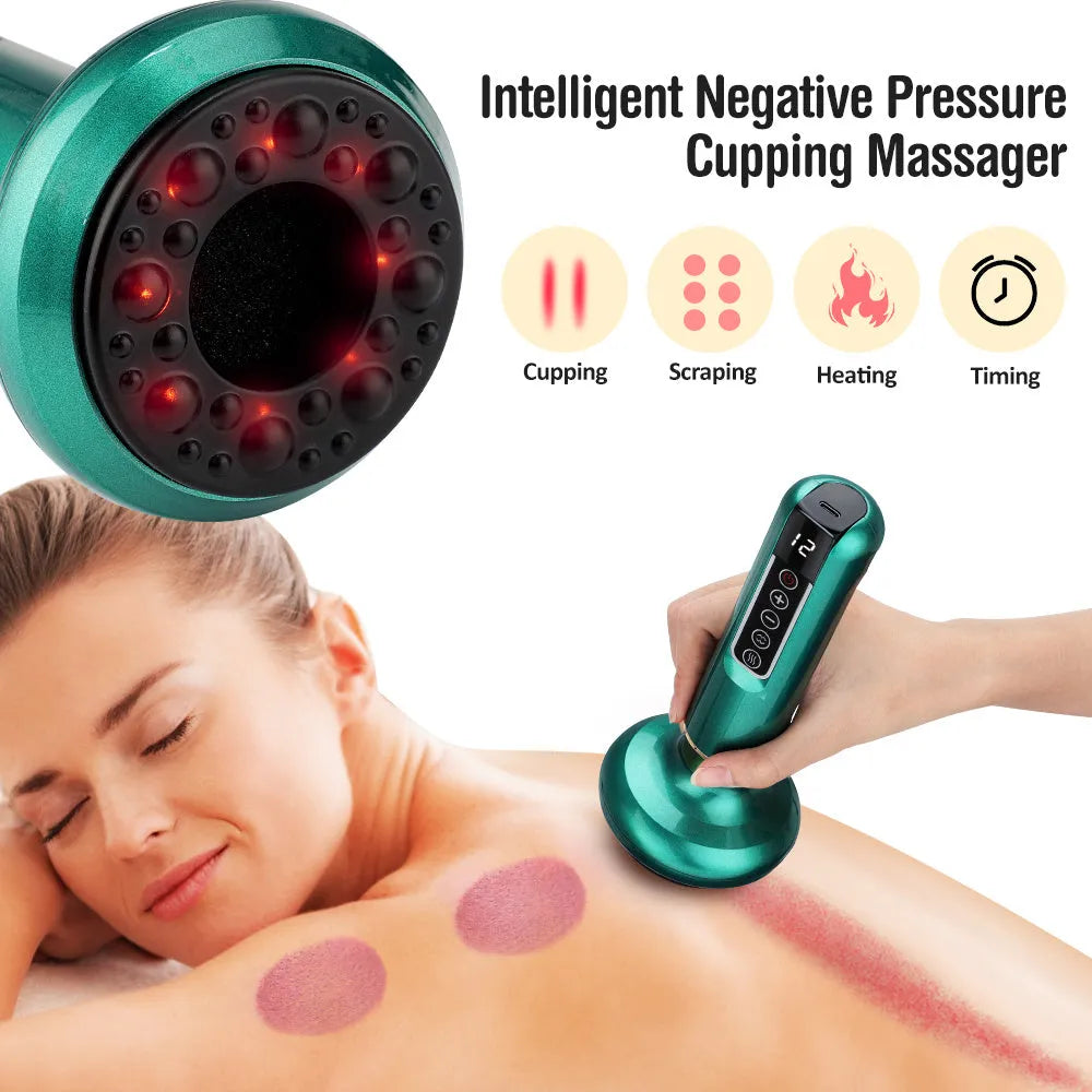 Green electric vacuum cupping massager with USB charger and adjustable suction settings