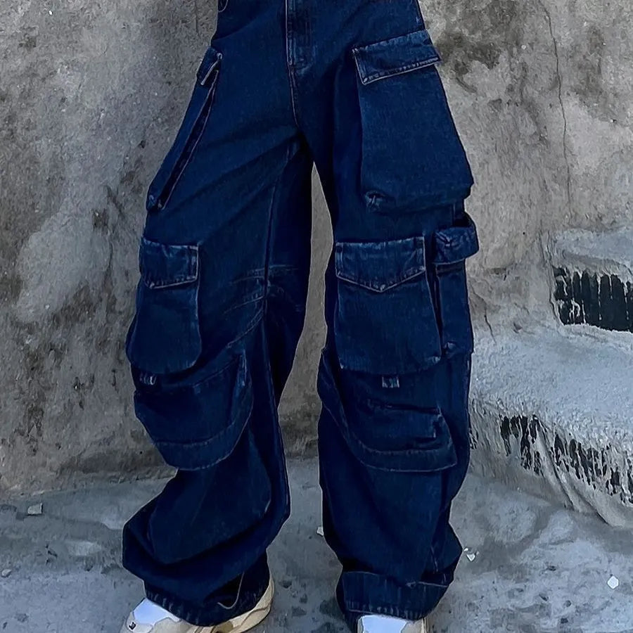 Dark blue distressed wide-leg jeans with high waist and multiple pockets