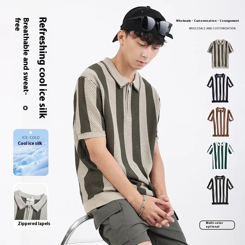 Men's ice silk short sleeve sweater with striped pattern and front zipper details in multiple colour options